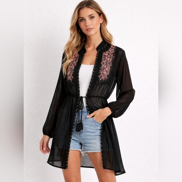 Cato Tops - Cato Black Sheer Kimono with Red and White Embroidery NWT Size XL
